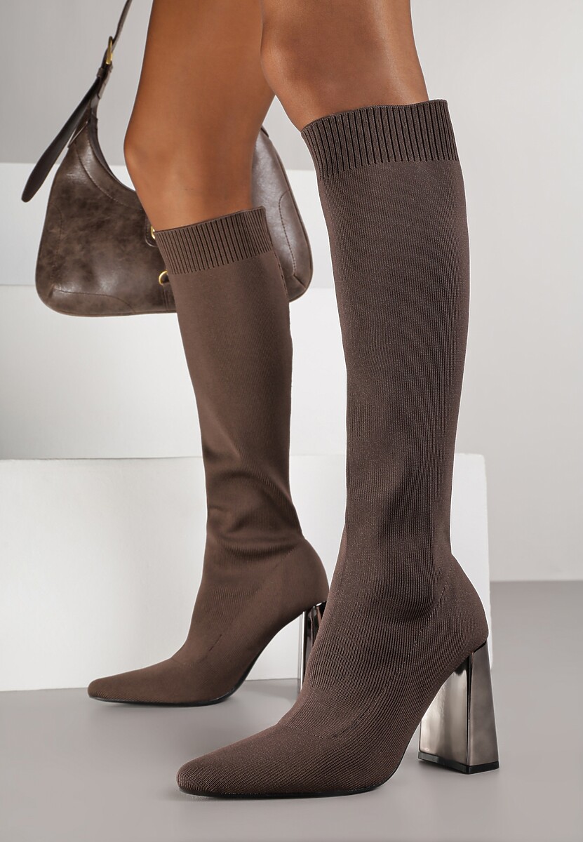 Brązowe Skarpetkowe Kozaki Vices na Słupku z Metalicznym Połyskiem Tuvitte