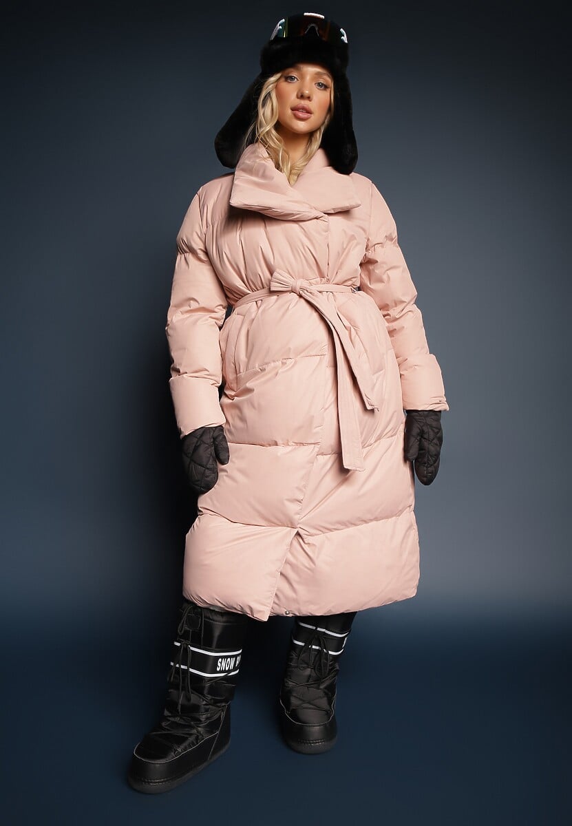 Różowa Kurtka Płaszcz z Wysokim Kołnierzem Zapinana na Napy z Paskiem Luliriva