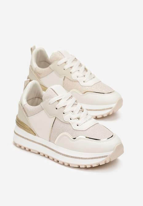 Beżowe Sneakersy z Cholewką przed Kostkę Ozdobione Brokatem Telse