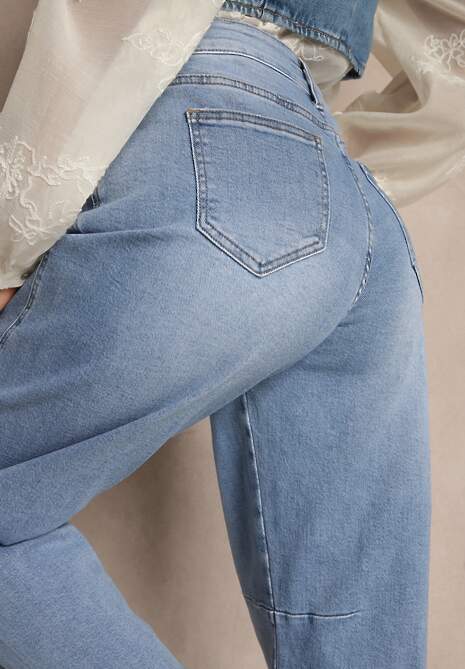 Niebieskie Jeansy Balloon High Waist z Przeszyciami na Wysokości Kolan Nollimi