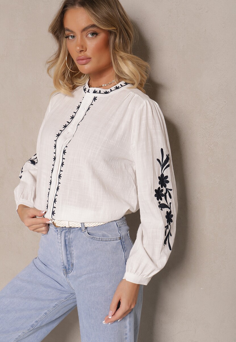 Biało-Niebieska Koszula z Bawełny z Okrągłym Dekoltem i Haftowanym Zdobieniem Gonadiel