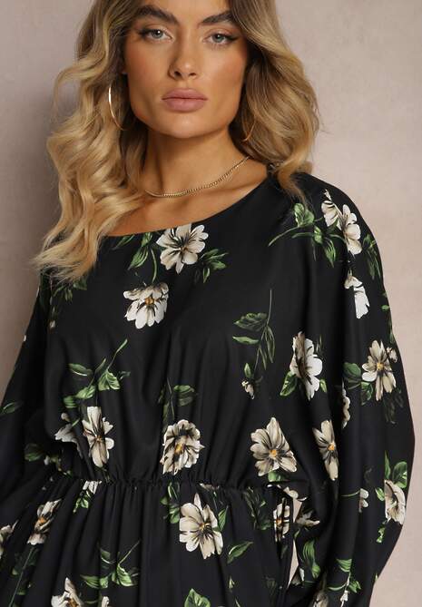 Czarno-Beżowa Midi Sukienka w Kwiaty o Rozkloszowanym Kroju z Rękawami Nietoperz Jervia