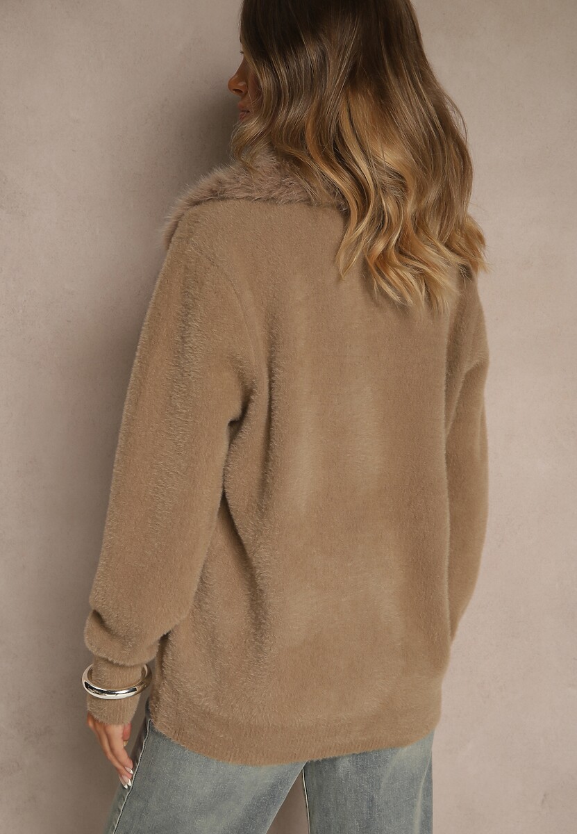 Ciemnobeżowy Zasuwany Kardigan z Wełną z Futerkowym Kołnierzem Asiste