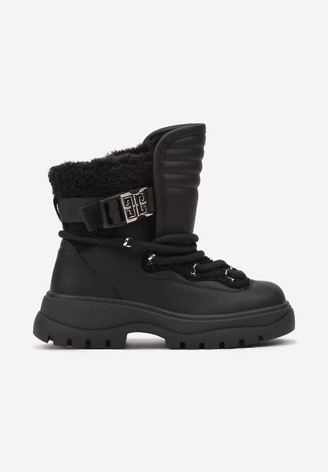 Czarne Śniegowce z Futrzaną Cholewką z Klamrą Zdobione Grubym Sznurowaniem Reanwenna