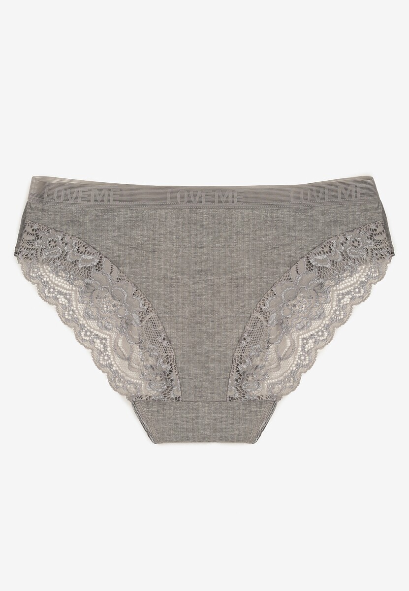 Szare Bawełniane Majtki Figi z Prążkowanej Tkaniny z Koronką Erqelia