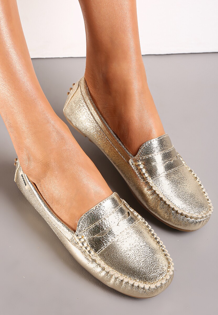 Złote Metaliczne Mokasyny na Płaskiej Podeszwie Morel