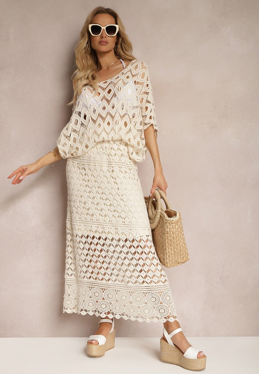 Beżowa Ażurowa Bluzka Narzutka z Bawełny z Rozszerzanymi Rękawami Wavana