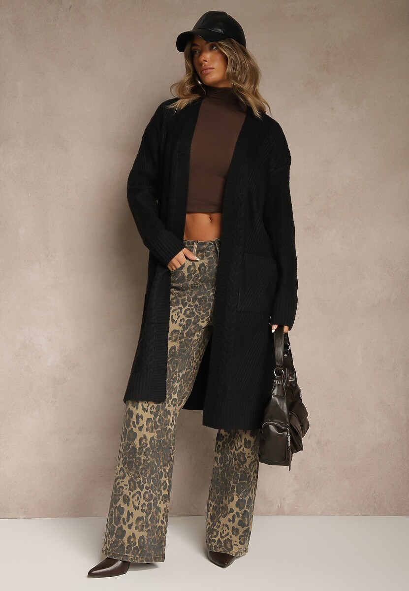 Czarny Tłoczony Kardigan z Wełną o Kroju Bez Zapięć z Paskiem Dorrive