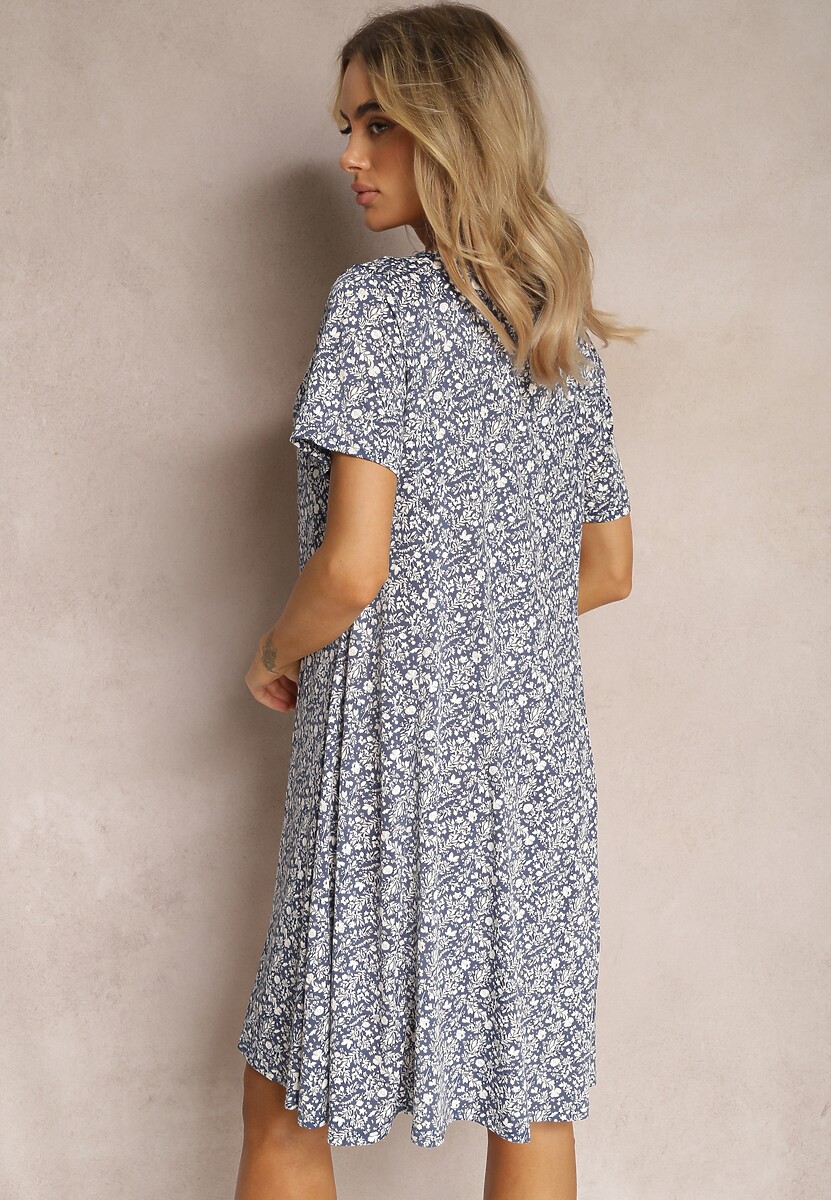 Granatowo-Biała Krótka Sukienka z Rozkloszowanym Dołem i Okrągłym Dekoltem z Wiskozy Dapnehli