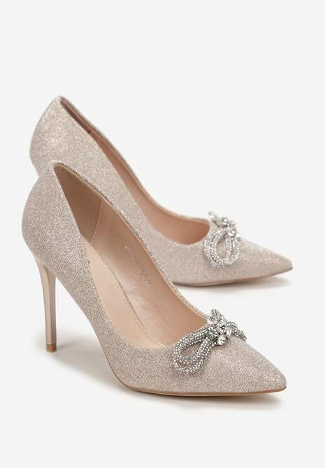 Złote Szpilki z Brokatową Cholewką i Kokardką z Cyrkoniami Yonea