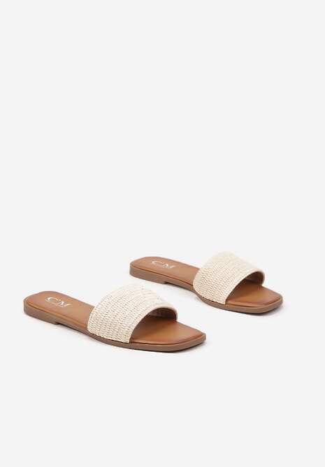 Beżowe Klapki z Kwadratowym Noskiem Zdobione Plecionką Delanitha