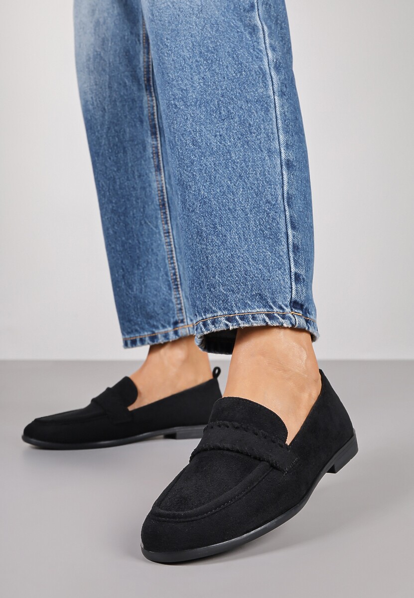 Czarne Mokasyny Vices z Wkładką ze Skóry Naturalnej i Paskiem z Przeszyciami Fonarrie