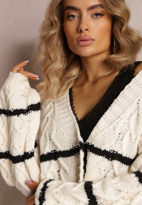 Jasnobeżowy Zapinany Kardigan w Paski i Warkoczykowy Splot Isildesa