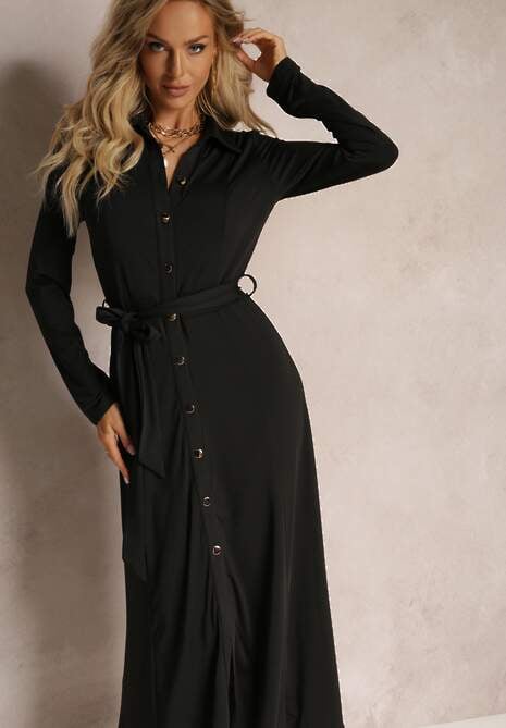 Czarna Długa Sukienka Koszulowa z Wiązaniem w Talii Levae