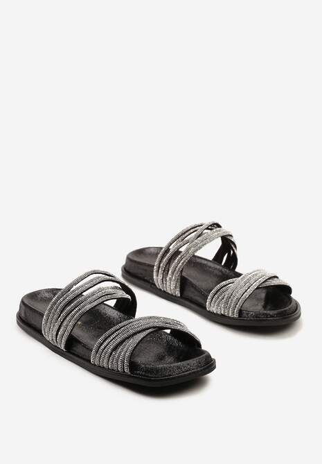 Czarne Klapki z Brokatową Podeszwą i Paskami z Cyrkoniami Triaemilia
