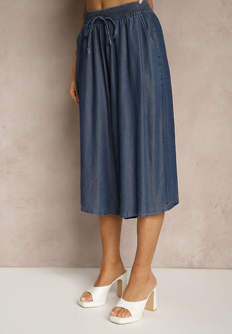 Granatowe Szerokie Szorty Bermudy z Ozdobnym Wiązaniem Terpio