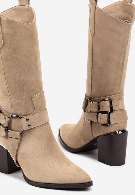 Ciemnobeżowe Kozaki Kowbojki w Stylu Bikerów na Słupku Ansabelle