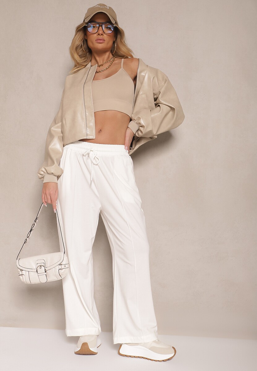 Białe Spodnie z Wiskozą o Szerokim Kroju High Waist z Wiązaniem Ellivartia