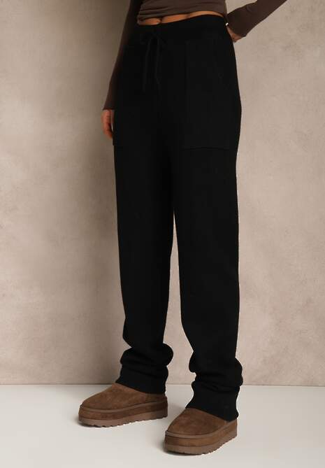 Czarne Spodnie z Wełną ze Sznurkiem i Ozdobnymi Kieszeniami Moneressa