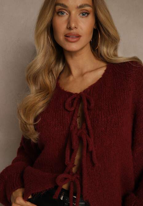 Bordowy Kardigan z Wełną o Kroju Oversize z Wiązanymi Kokardami Elearina