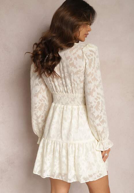 Jasnobeżowa Rozkloszowana Sukienka Mini z Tkaniny Plumeti Marsane