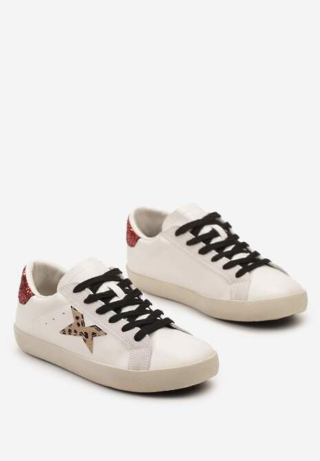 Beżowe Sneakersy ze Sznurowaniem Naszywką Gwiazdki i Brokatem Querena