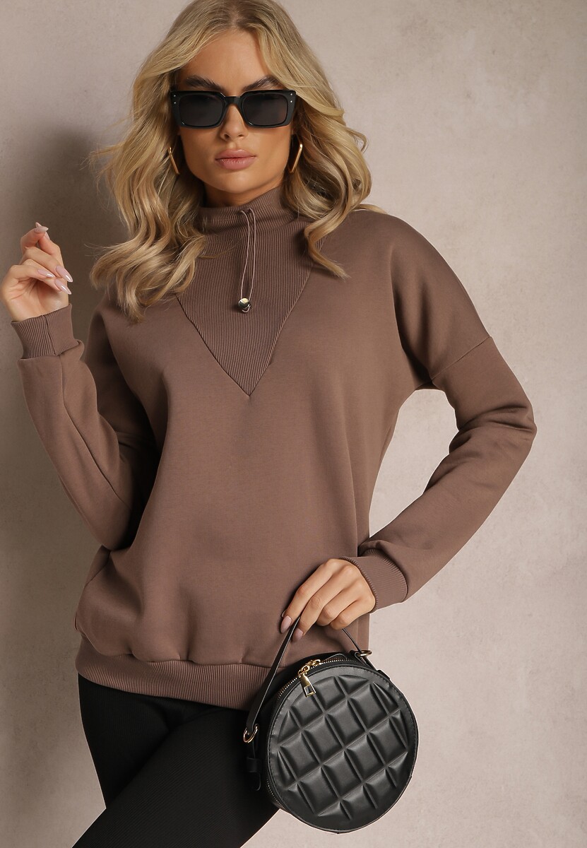 Brązowa Ocieplana Bluza Bawełniana z Półgolfem Heraia