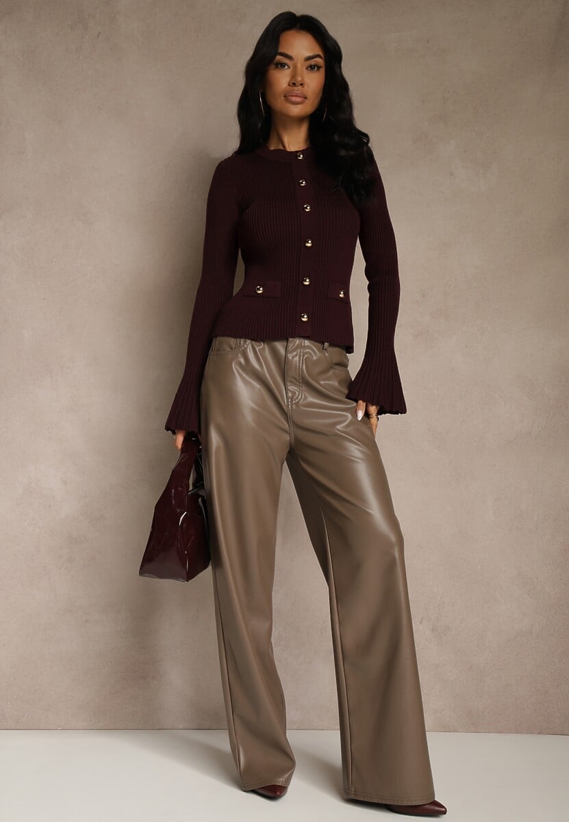 Bordowy Elegancki Prążkowany Kardigan z Wiskozą Guzikami i Rozszerzanymi Rękawami Otila