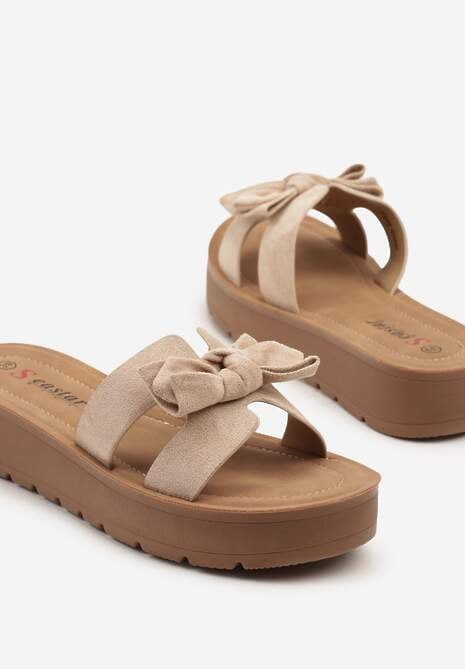 Ciemnobeżowe Klapki na Grubej Podeszwie Ozdobione Kokardą Raviselli