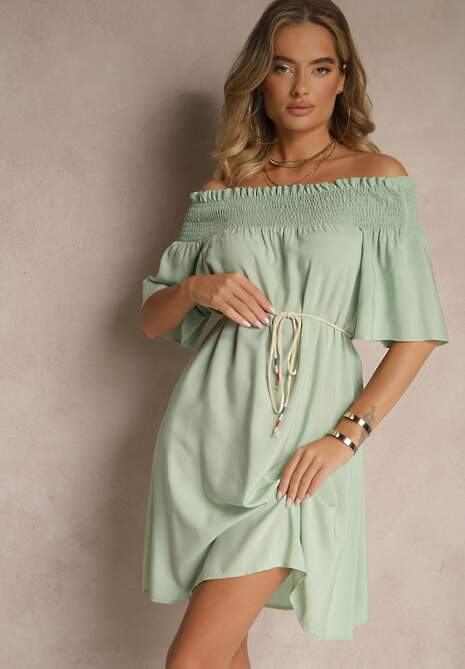 Zielona Sukienka Hiszpanka z Bawełną i Wiskozą Ozdobiona Sznurkiem Lilarelle