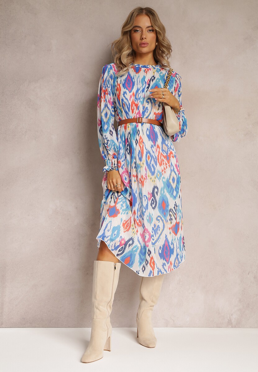 Niebieska Rozkloszowana Sukienka z Plisowaniem i Paskiem Thelosine