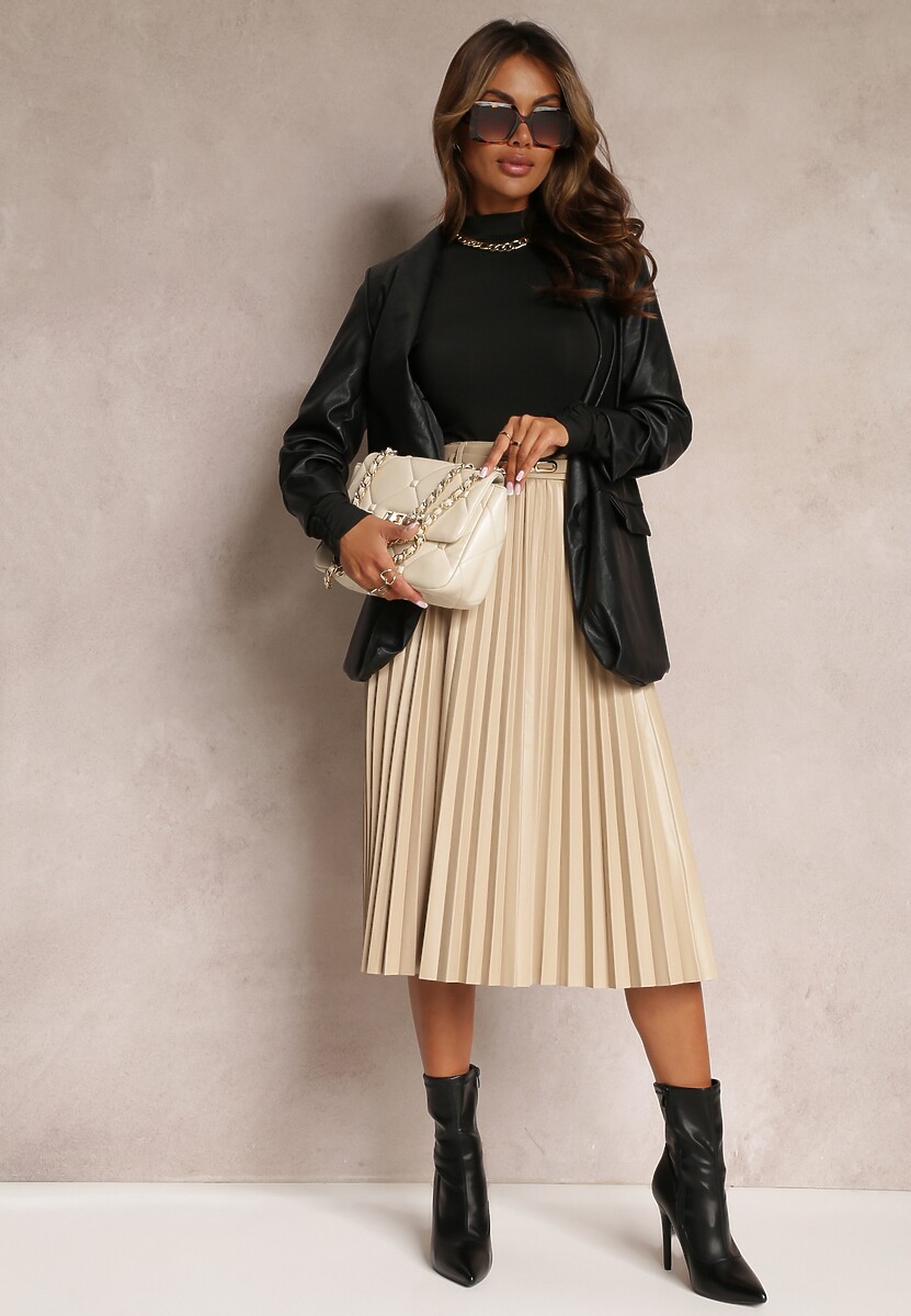 Jasnobeżowa Spódnica Plisowana z Imitacji Skóry Fayahe
