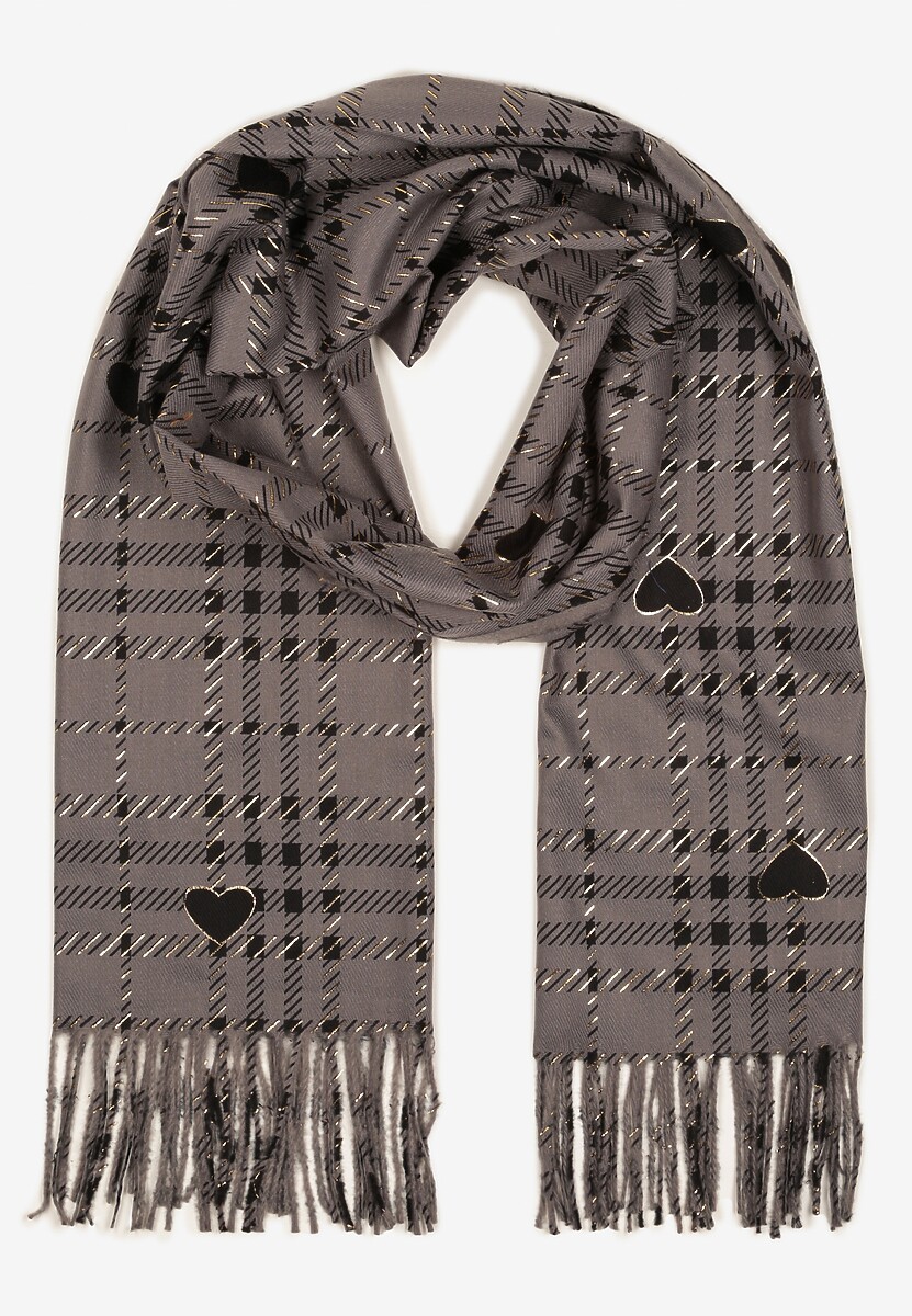 Szary Szalik z Wiskozą Bawełną Kratą Sercami i Frędzlami Berisia