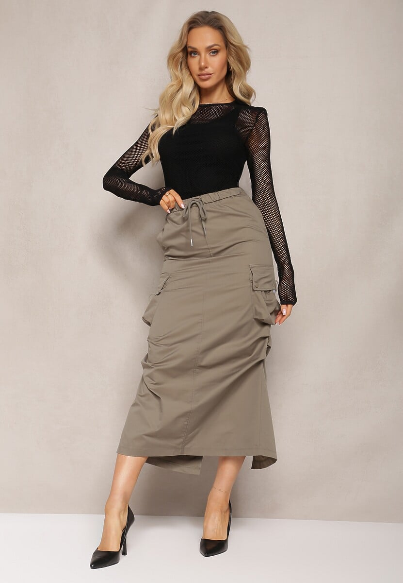 Czarna Marszczona Spódnica Midi w Stylu Cargo z Gumką w Talii Gacieam