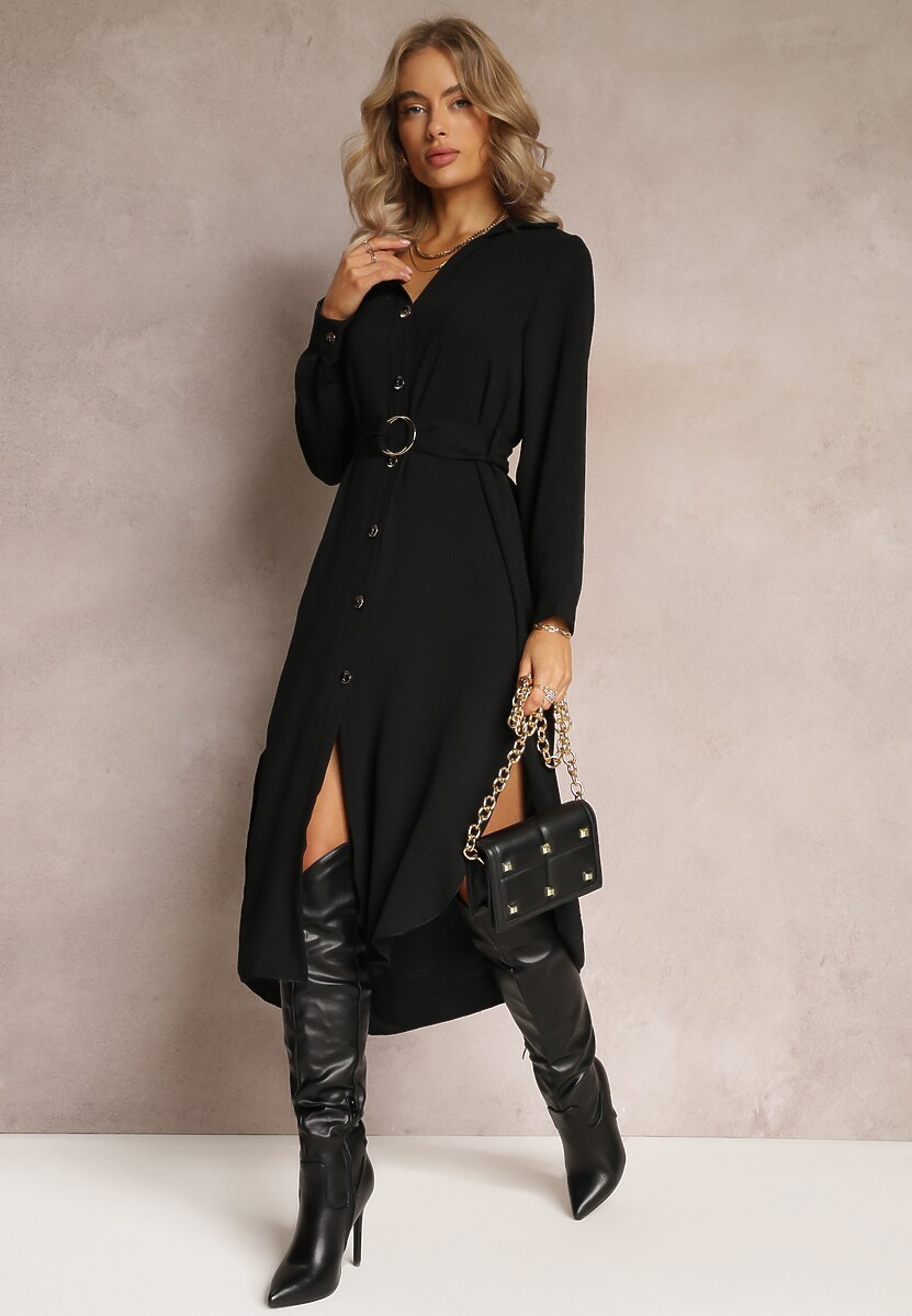 Czarna Sukienka Koszulowa z Paskiem Vartivar