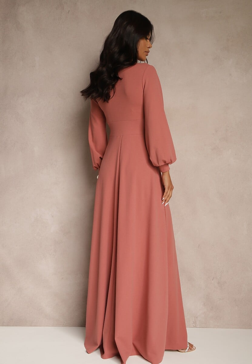 Różowa Koktajlowa Sukienka z Ozdobnym Rozcięciem na Nogę Erullia