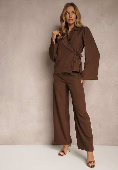 Brązowa Marynarka z Rozszerzanymi Rękawami Zdobiona Wiązaniem z Boku Sanivera