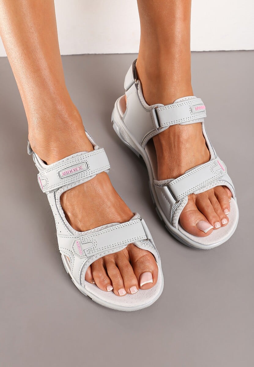 Szaro-Różowe Płaskie Sandały ze Skórzaną Wkładką i Zapięciami na Rzepy Tesama
