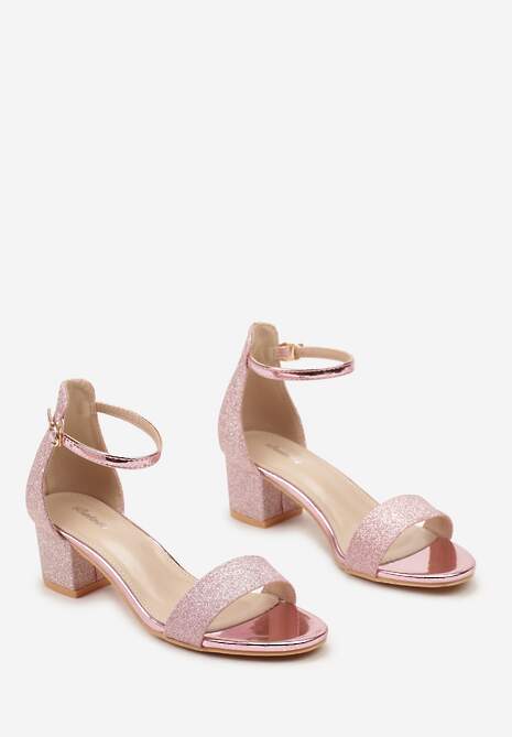 Różowe Brokatowe Sandały na Słupku Zapinane Wokół Kostki Viatera