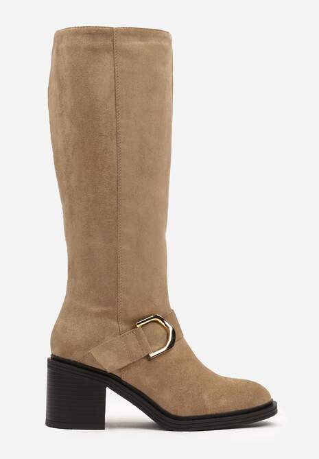 Ciemnobeżowe Kozaki Vices na Słupku z Ozdobną Klamrą i Ociepleniem Moriti