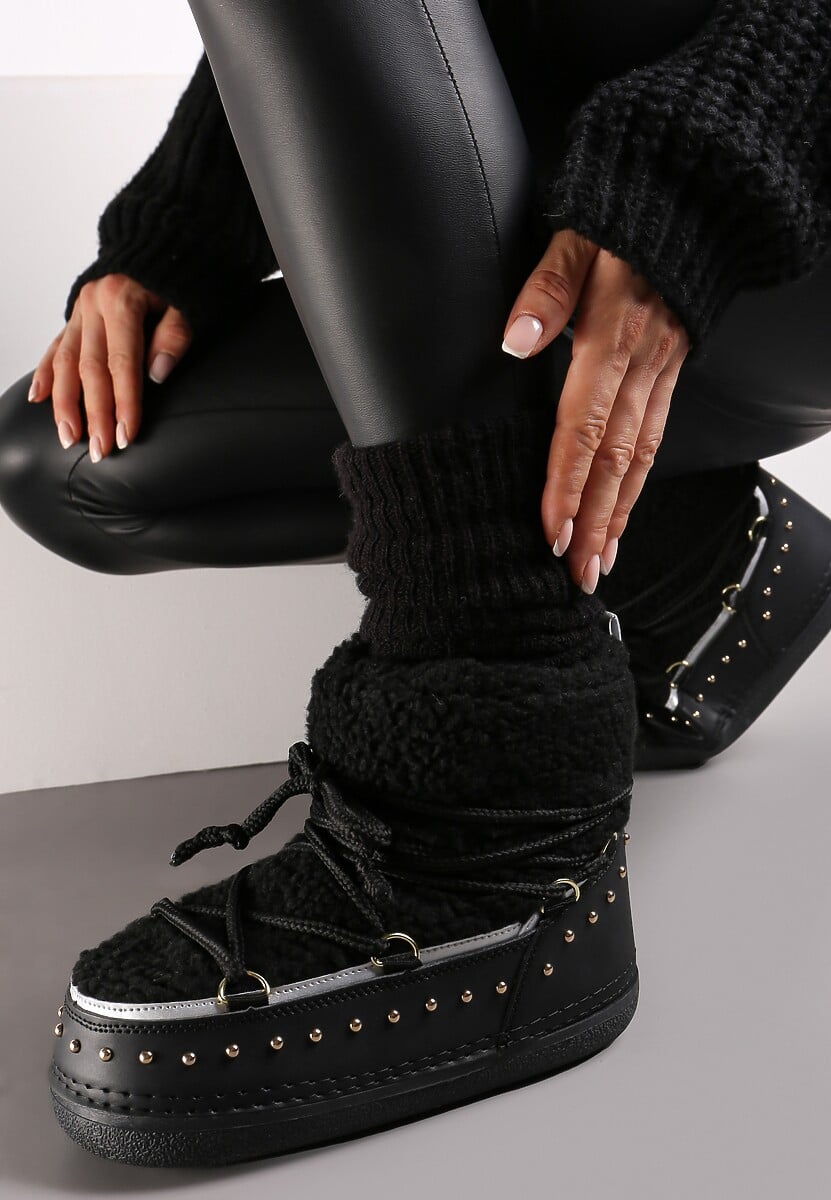 Ciemnobeżowe Śniegowce z Ozdobnym Sznurowaniem Ćwiekami i Futerkiem Covesa