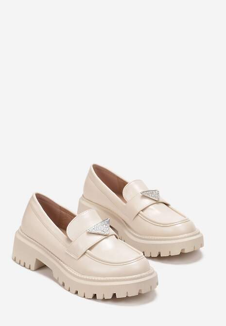 Beżowe Mokasyny na Grubej Podeszwie Ozdobione Cyrkoniami Mavalis