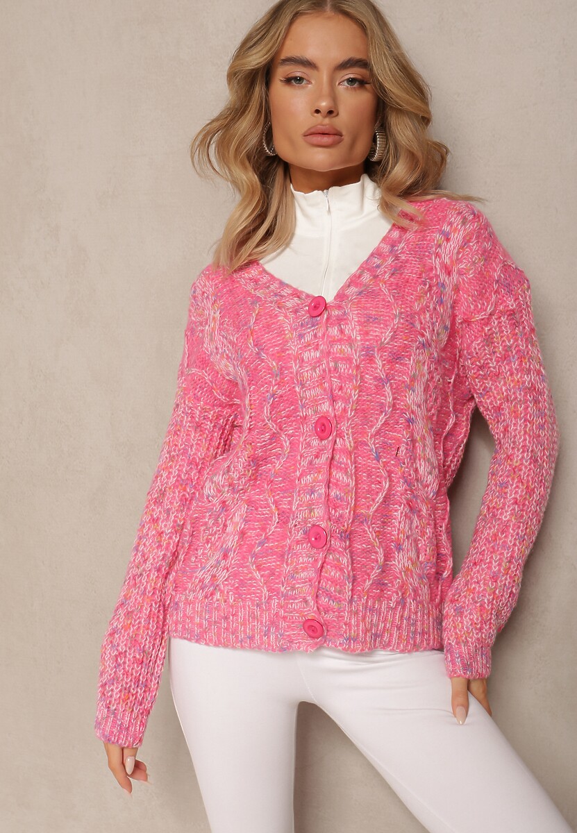 Różowy Kardigan Zapinany na Guziki ze Ściągaczami Annanes