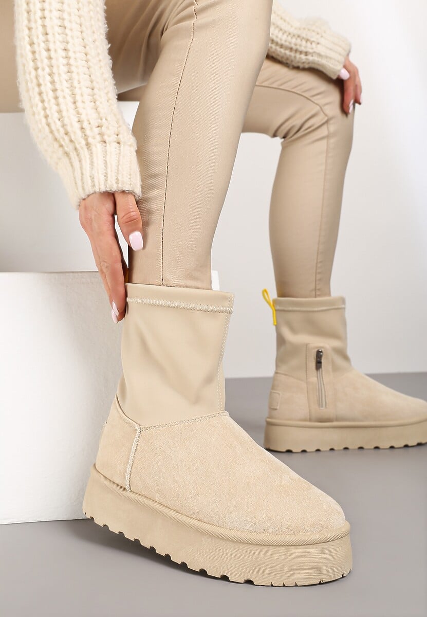 Beżowe Płaskie Ocieplane Śniegowce z Elastyczną Cholewką Sevidia