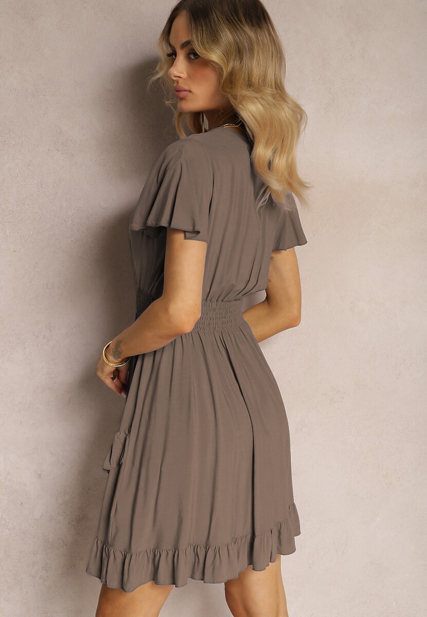 Ciemnozielona Sukienka z Bawełny z Gumką w Pasie z Dekoltem w Serek i Falbankami Quola