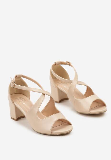 Beżowe Sandały na Słupku z Otwartym Noskiem ze Sprzączką Rapelia