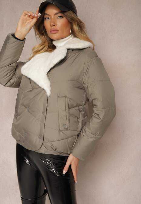 Zielona Kurtka Ozdobiona Pikowaniem Kołnierzem z Futerkiem i Napami Deolina