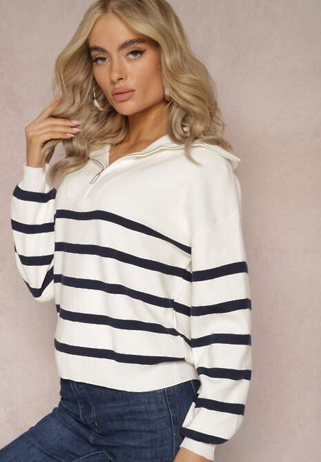 Biało-Granatowy Golf Sweter ze Ściągaczami w Paski Zapinany na Suwak Likatte