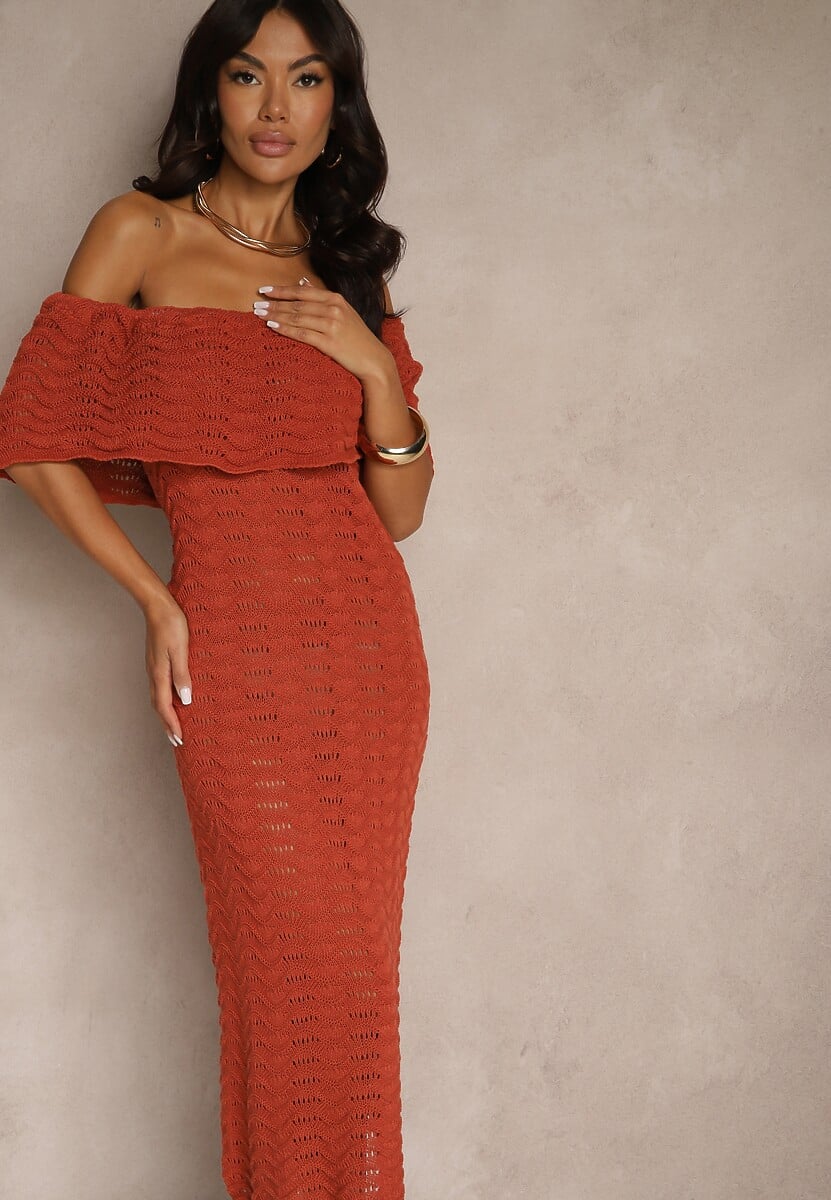 Pomarańczowa Sukienka Hiszpanka z Ażurowej Tkaniny z Ozdobnym Dekoltem Filadella