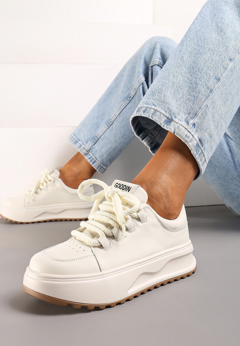 Białe Sneakersy ze Skóry Naturalnej z Platformą i Szerokimi Sznurówkami Talthea